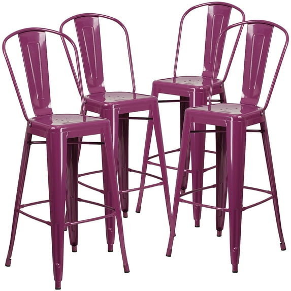 Flash Furniture Commercial Grade 30"" High Purple Metal Indoor-Outdoor Barstool with Back 4 Pack