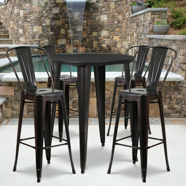 Flash Furniture Commercial Grade 30" Round Black-Antique Gold Metal Indoor-Outdoor Bar Table Set with 4 Cafe Stools