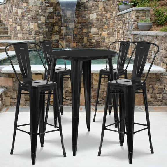 Flash Furniture Commercial Grade 30" Round Black Metal Indoor-Outdoor Bar Table Set with 4 Cafe Stools