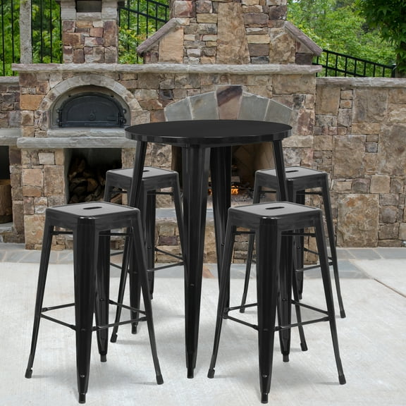 Flash Furniture Commercial Grade 30" Round Black Metal Indoor-Outdoor Bar Table Set with 4 Square Seat Backless Stools