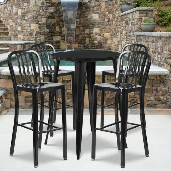 Flash Furniture Commercial Grade 30" Round Black Metal Indoor-Outdoor Bar Table Set with 4 Vertical Slat Back Stools