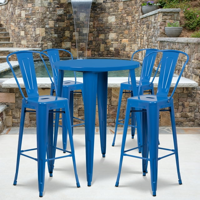 Flash Furniture Commercial Grade 30" Round Blue Metal Indoor-Outdoor Bar Table Set with 4 Cafe Stools