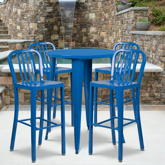 Flash Furniture Commercial Grade 30" Round Blue Metal Indoor-Outdoor Bar Table Set with 4 Vertical Slat Back Stools