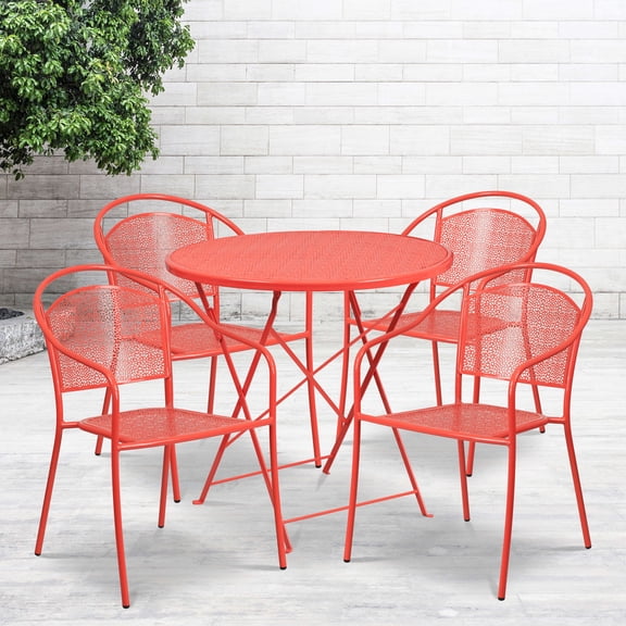 Flash Furniture Commercial Grade 30" Round Coral Indoor-Outdoor Steel Folding Patio Table Set with 4 Round Back Chairs
