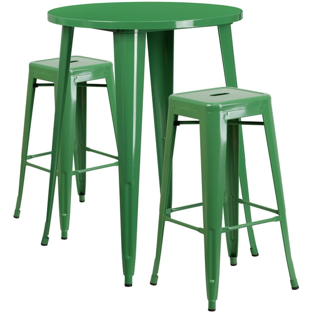 Flash Furniture Commercial Grade 30" Round Green Metal Indoor-Outdoor Bar Table Set with 2 Square Seat Backless Stools