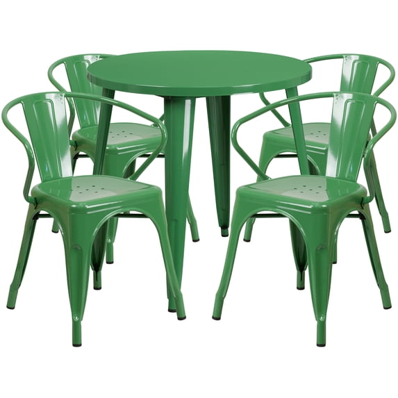 Flash Furniture Cory Commercial Grade 30" Round Green Metal Indoor-Outdoor Table Set with 4 Arm Chairs