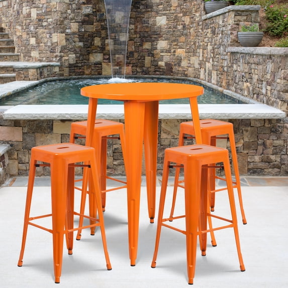 Flash Furniture Commercial Grade 30" Round Orange Metal Indoor-Outdoor Bar Table Set with 4 Square Seat Backless Stools