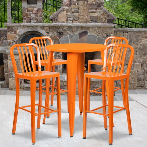 Flash Furniture Commercial Grade 30" Round Orange Metal Indoor-Outdoor Bar Table Set with 4 Vertical Slat Back Stools