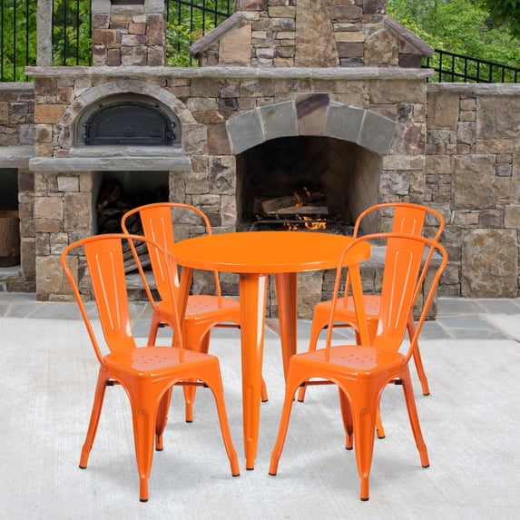 Flash Furniture Commercial Grade 30" Round Orange Metal Indoor-Outdoor Table Set with 4 Cafe Chairs