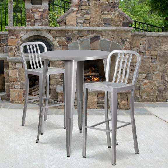 Flash Furniture Commercial Grade 30" Round Silver Metal Indoor-Outdoor Bar Table Set with 2 Vertical Slat Back Stools