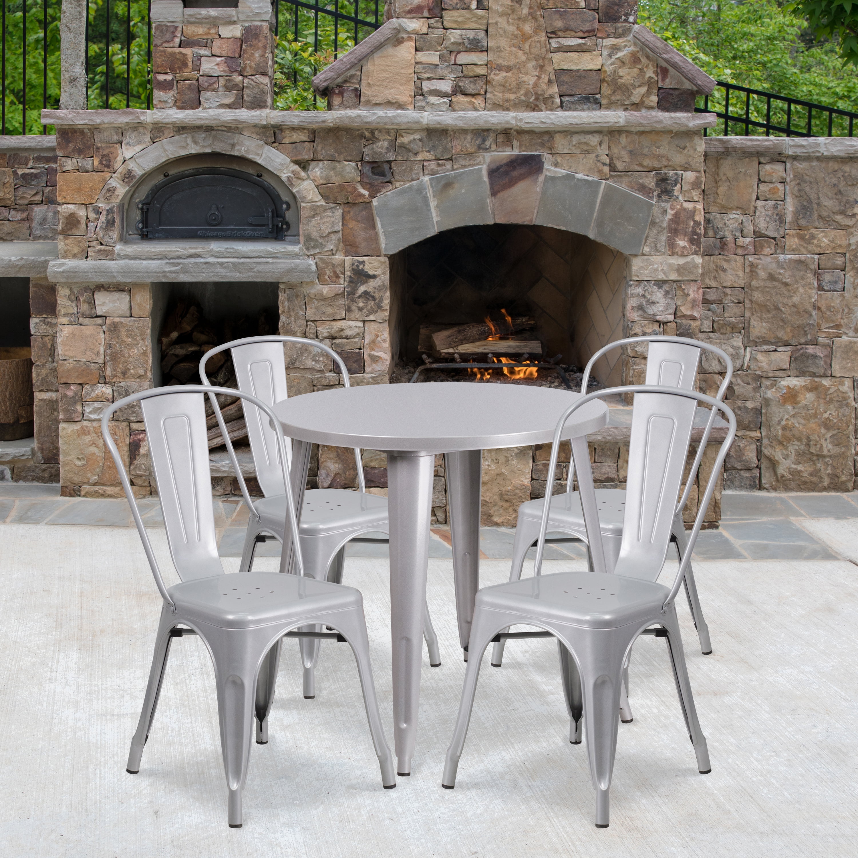 Flash Furniture Commercial Grade 30 Round Silver Metal Indoor Outdoor Table Set with 4 Cafe Chairs