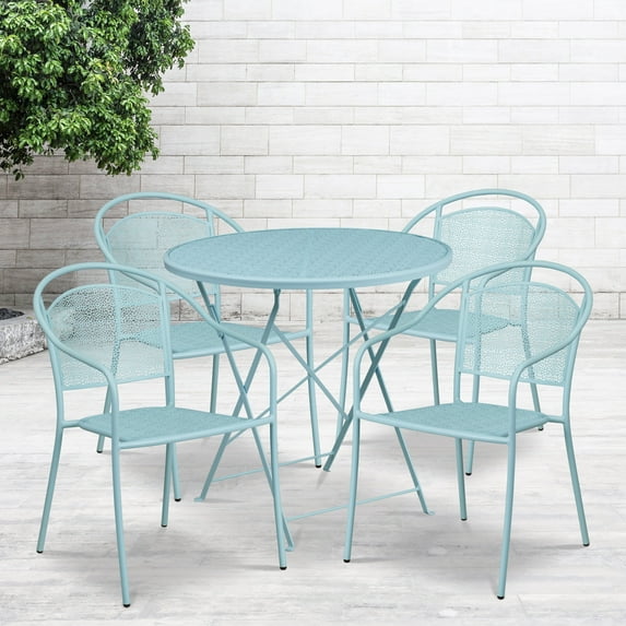 Flash Furniture Commercial Grade 30" Round Sky Blue Indoor-Outdoor Steel Folding Patio Table Set with 4 Round Back Chairs