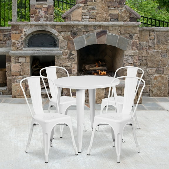 Flash Furniture Commercial Grade 30" Round White Metal Indoor-Outdoor Table Set with 4 Cafe Chairs