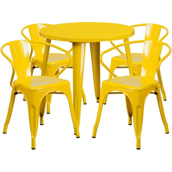 Flash Furniture Commercial Grade 30" Round Yellow Metal Indoor-Outdoor Table Set with 4 Arm Chairs