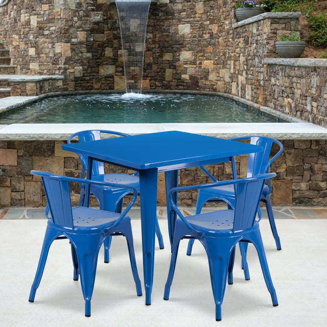 Flash Furniture Commercial Grade 31.5" Square Blue Metal Indoor-Outdoor Table Set with 4 Arm Chairs