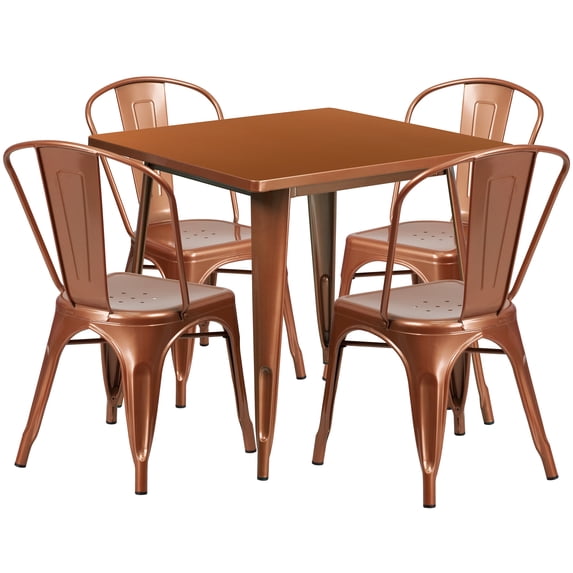 Flash Furniture Commercial Grade 31.5" Square Copper Metal Indoor-Outdoor Table Set with 4 Stack Chairs