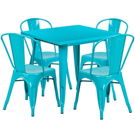 Flash Furniture Foster Commercial Grade 31.5" Square Crystal Teal-Blue Metal Indoor-Outdoor Table Set with 4 Stack Chairs