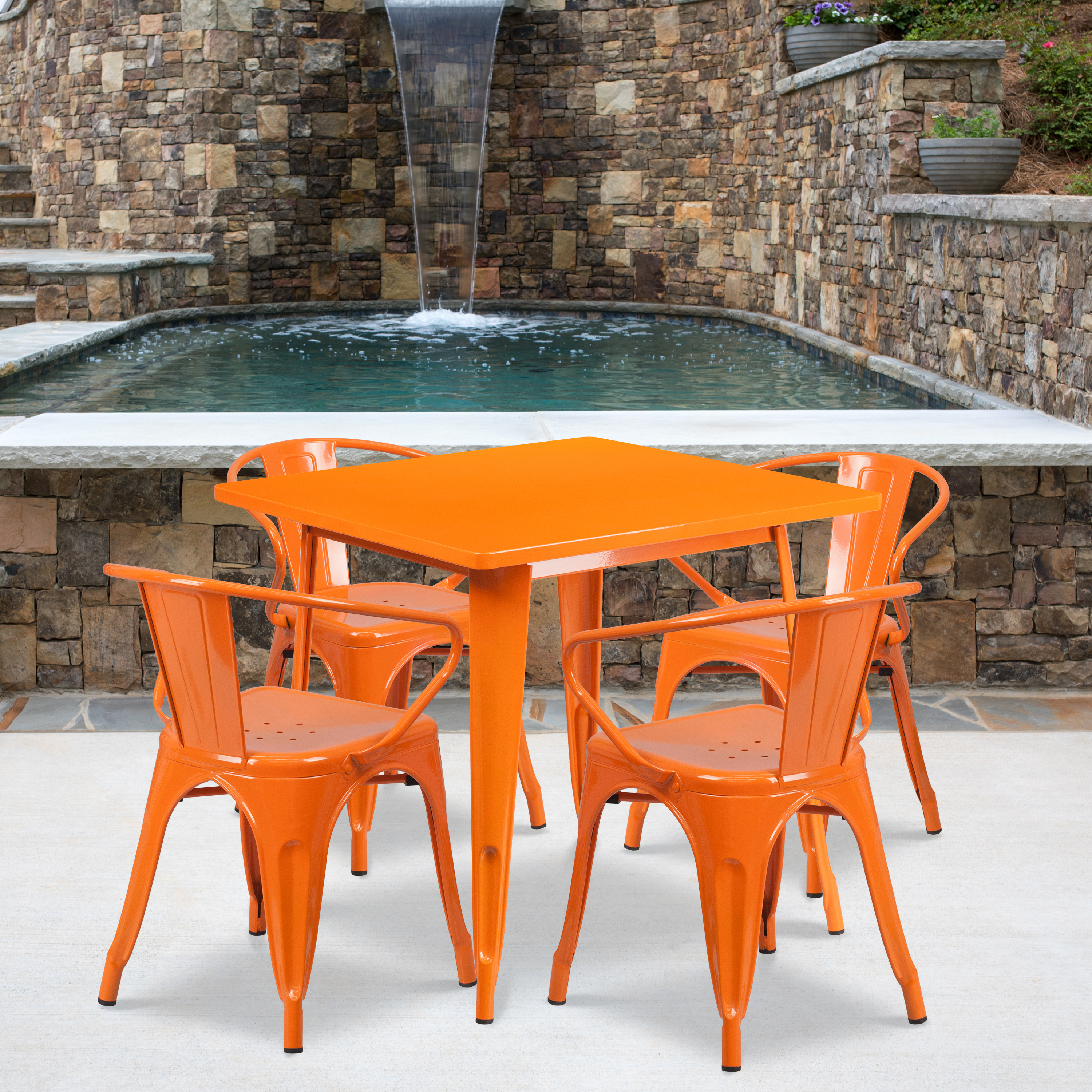 Flash Furniture Commercial Grade 31.5" Square Orange Metal Indoor-Outdoor Table Set with 4 Arm Chairs - image 1 of 5
