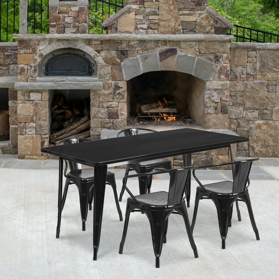 Flash Furniture Commercial Grade 31.5" x 63" Rectangular Black Metal Indoor-Outdoor Table Set with 4 Arm Chairs