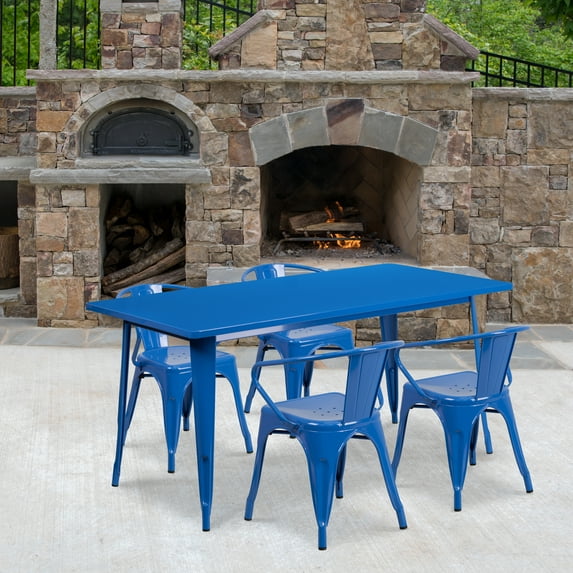 Flash Furniture Commercial Grade 31.5" x 63" Rectangular Blue Metal Indoor-Outdoor Table Set with 4 Arm Chairs