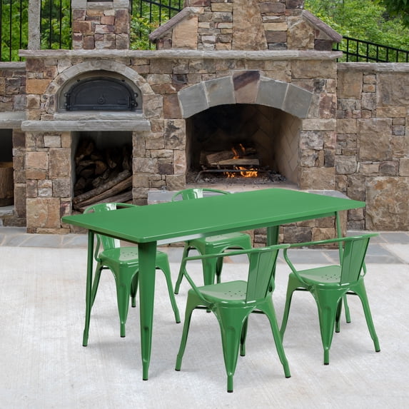 Flash Furniture Commercial Grade 31.5" x 63" Rectangular Green Metal Indoor-Outdoor Table Set with 4 Arm Chairs