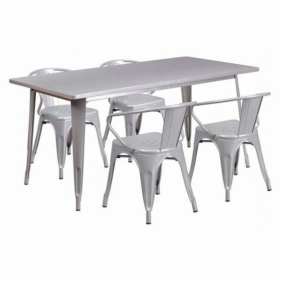 Flash Furniture Commercial Grade 31.5" x 63" Rectangular Silver Metal Indoor-Outdoor Table Set with 4 Arm Chairs