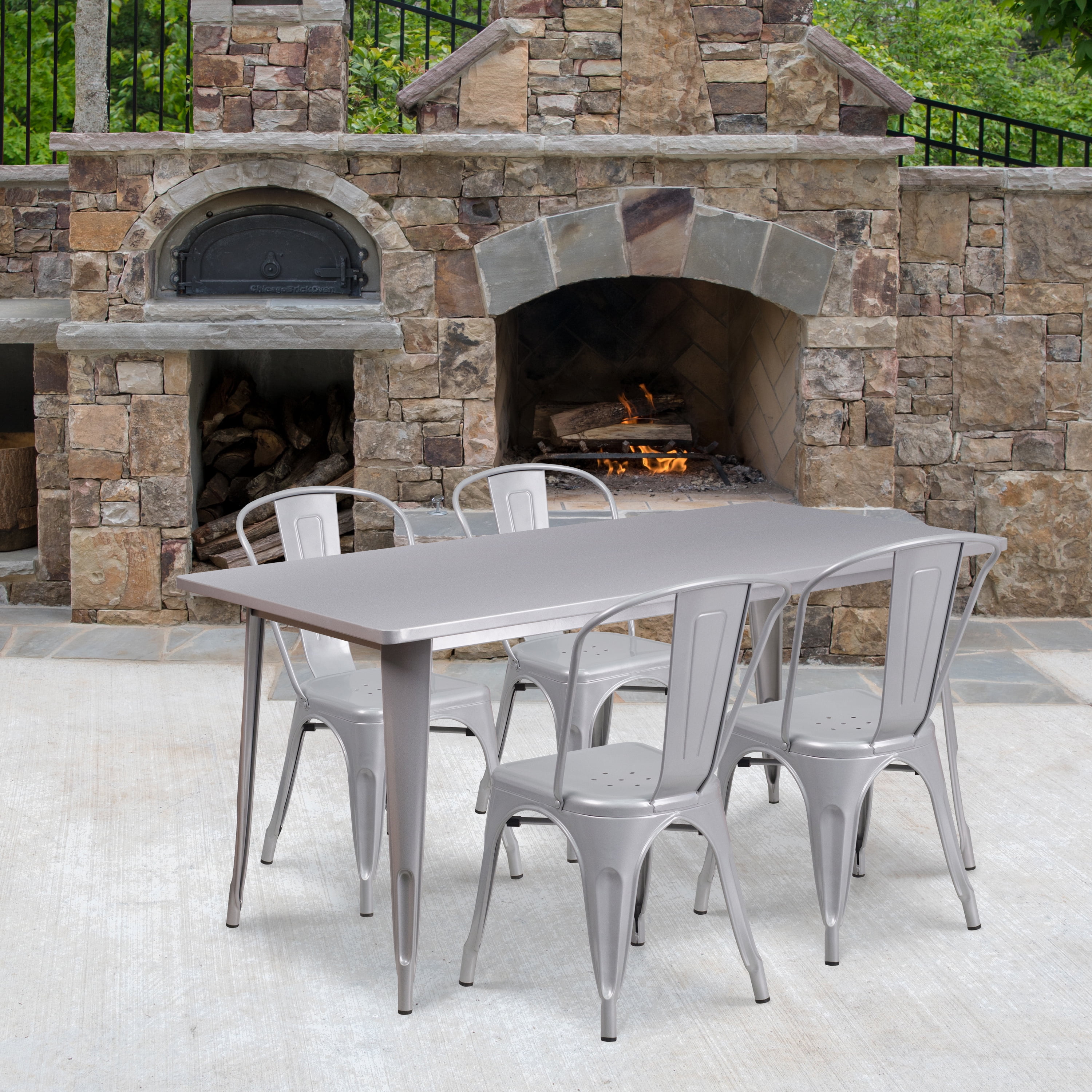 Silver Rectangular Steel Indoor-Outdoor Dining Table Set with 4 Stack Chairs