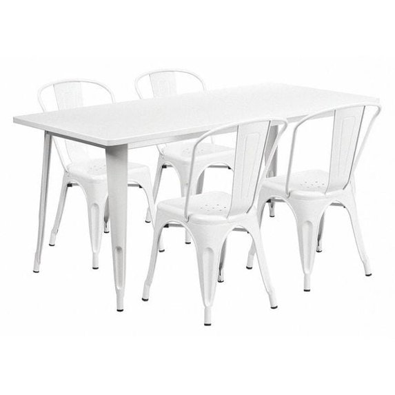 Flash Furniture Commercial Grade 31.5" x 63" Rectangular White Metal Indoor-Outdoor Table Set with 4 Stack Chairs