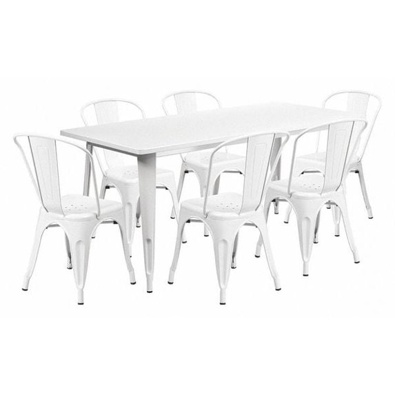 Flash Furniture Commercial Grade 31.5" x 63" Rectangular White Metal Indoor-Outdoor Table Set with 6 Stack Chairs