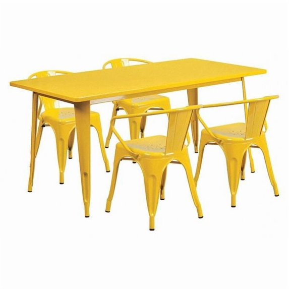 Flash Furniture Commercial Grade 31.5" x 63" Rectangular Yellow Metal Indoor-Outdoor Table Set with 4 Arm Chairs