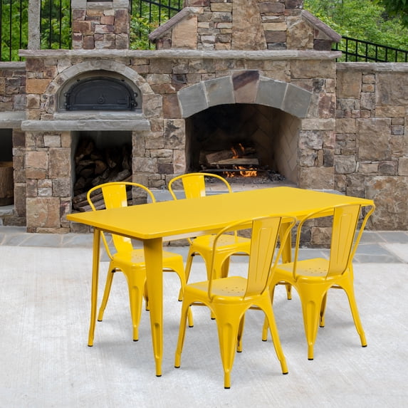 Flash Furniture Commercial Grade 31.5" x 63" Rectangular Yellow Metal Indoor-Outdoor Table Set with 4 Stack Chairs
