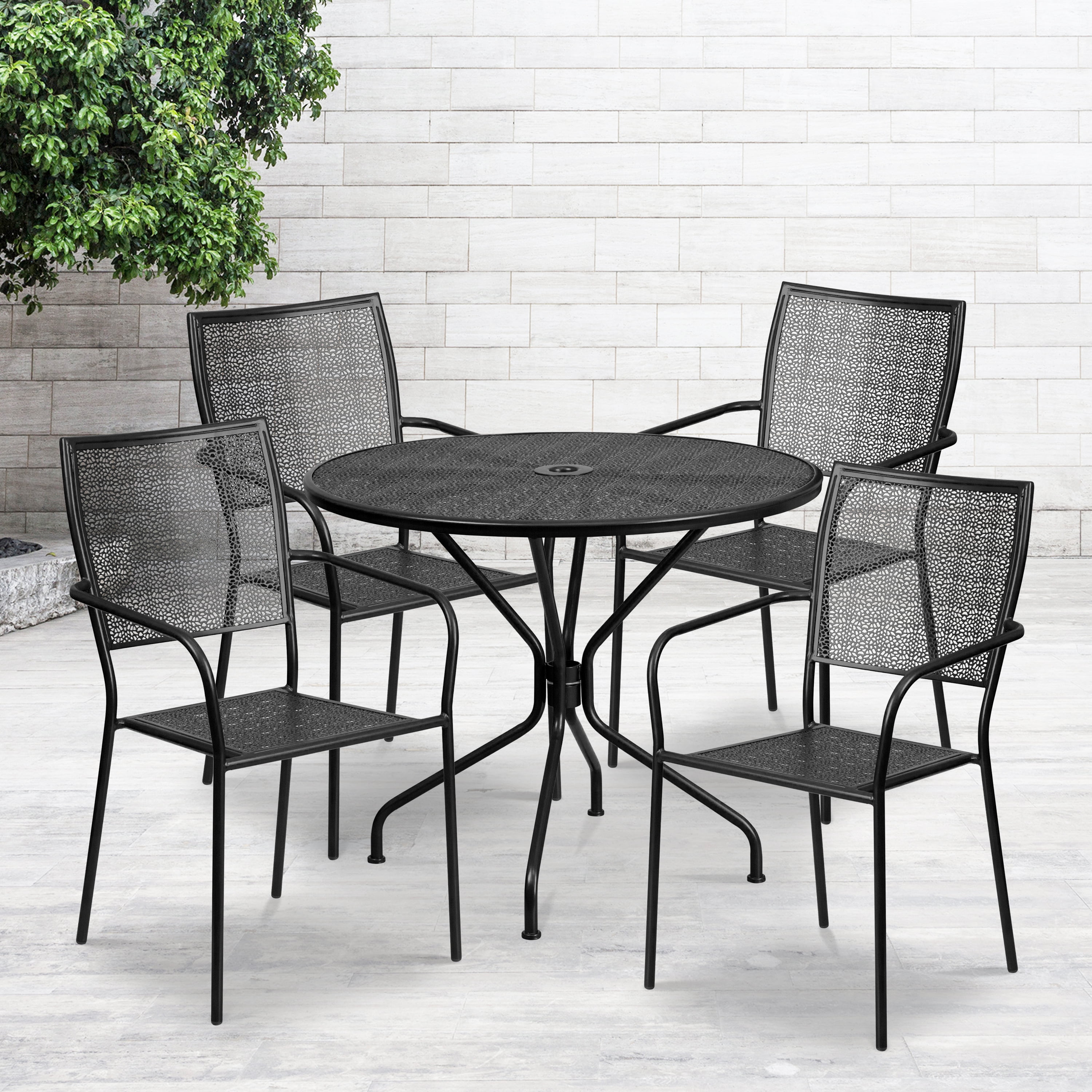 Flash Furniture Commercial Grade 35.25" Round Black Indoor-Outdoor Steel Patio Table Set with 4 Square Back Chairs - image 1 of 5