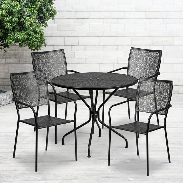 Flash Furniture Commercial Grade 35.25" Round Black Indoor-Outdoor Steel Patio Table Set with 4 Square Back Chairs