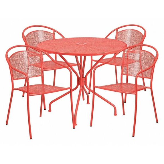 Flash Furniture Commercial Grade 35.25" Round Coral Indoor-Outdoor Steel Patio Table Set with 4 Round Back Chairs