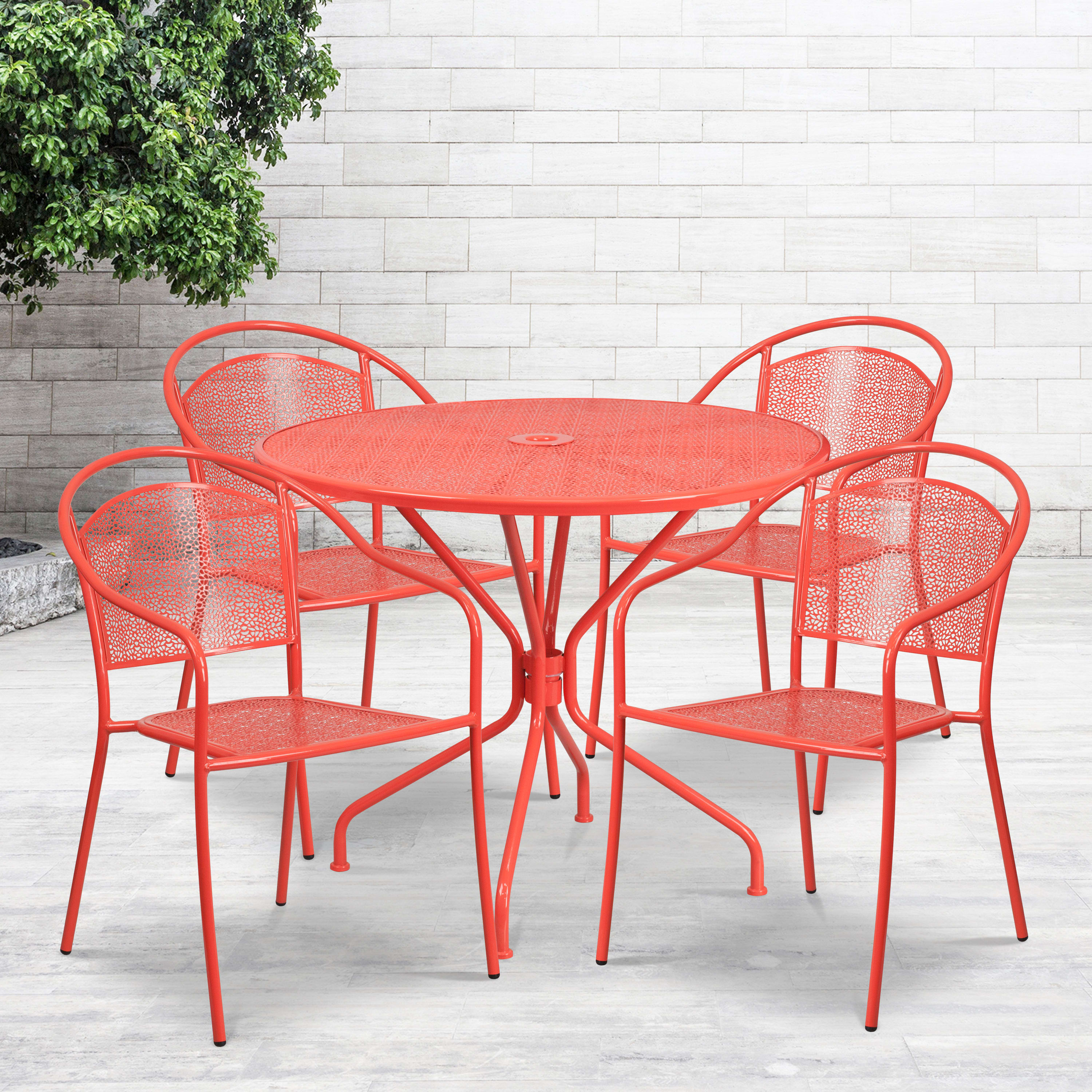 Flash Furniture Commercial Grade 35.25" Round Coral Indoor-Outdoor Steel Patio Table Set with 4 Round Back Chairs - image 1 of 5