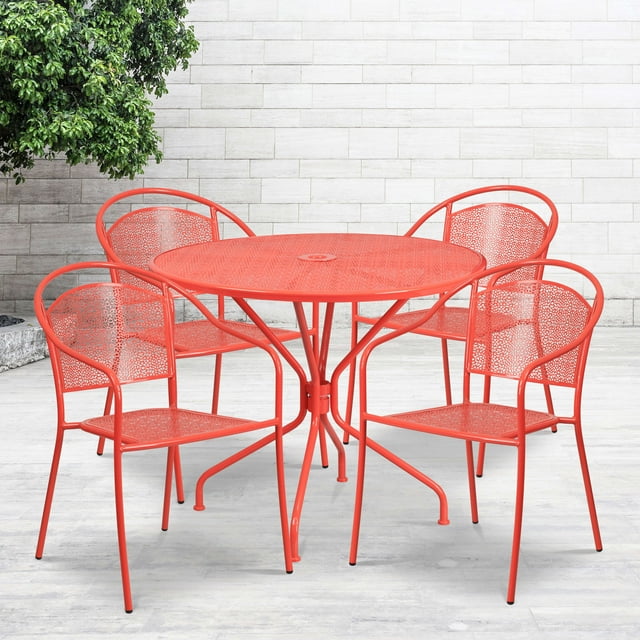Flash Furniture Commercial Grade 35.25" Round Coral Indoor-Outdoor Steel Patio Table Set with 4 Round Back Chairs