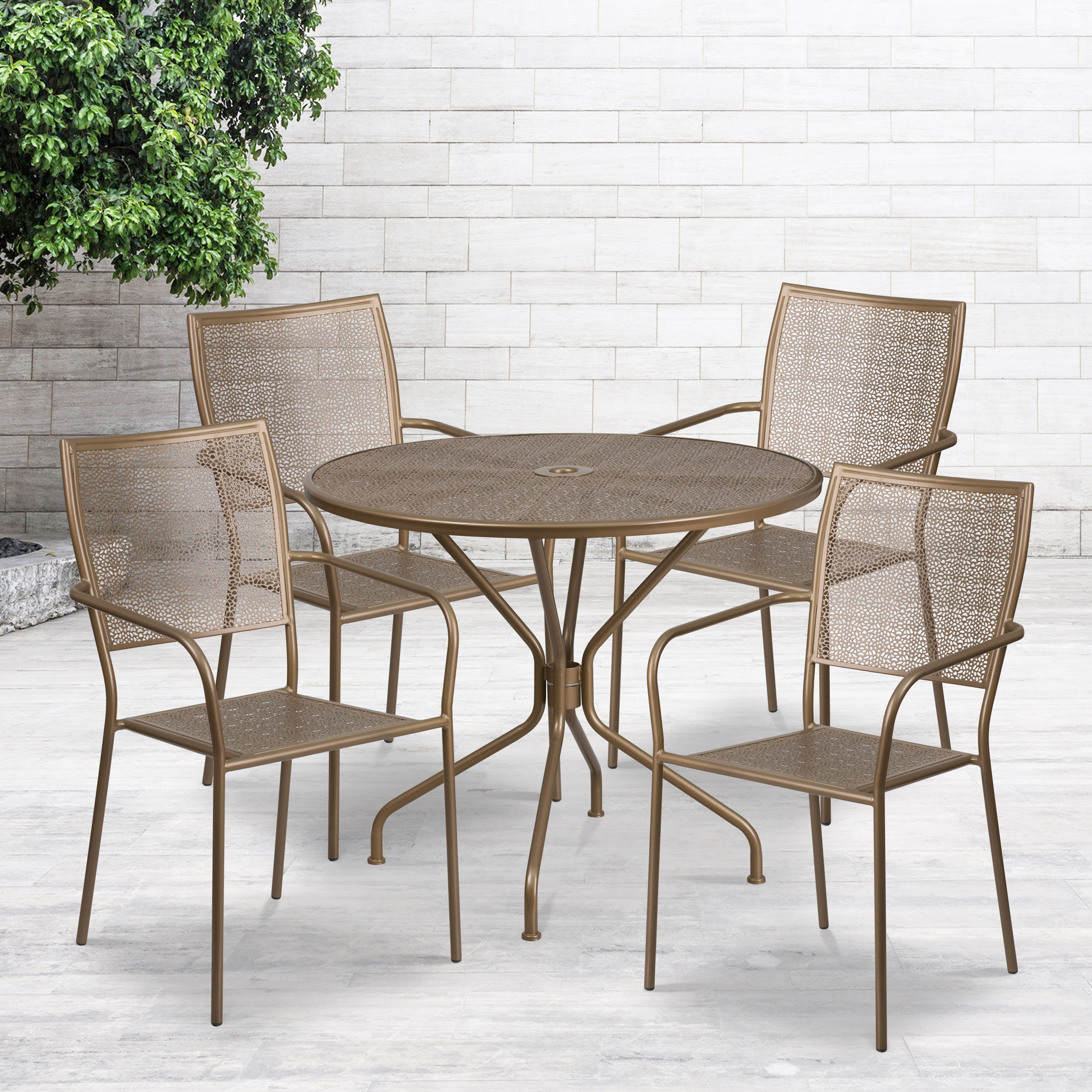 Flash Furniture Commercial Grade 35.25" Round Gold Indoor-Outdoor Steel Patio Table Set with 4 Square Back Chairs - image 1 of 5