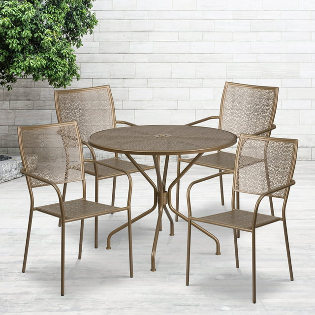 Flash Furniture Commercial Grade 35.25" Round Gold Indoor-Outdoor Steel Patio Table Set with 4 Square Back Chairs