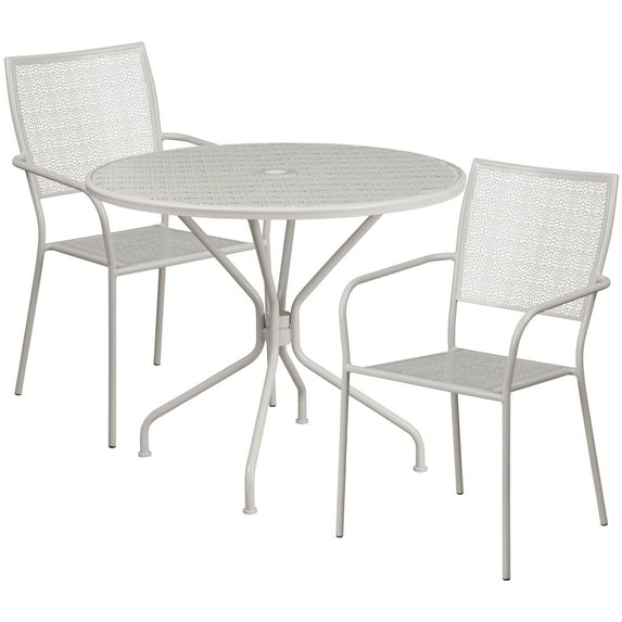 Flash Furniture Commercial Grade 35.25" Round Light Gray Indoor-Outdoor Steel Patio Table Set with 2 Square Back Chairs