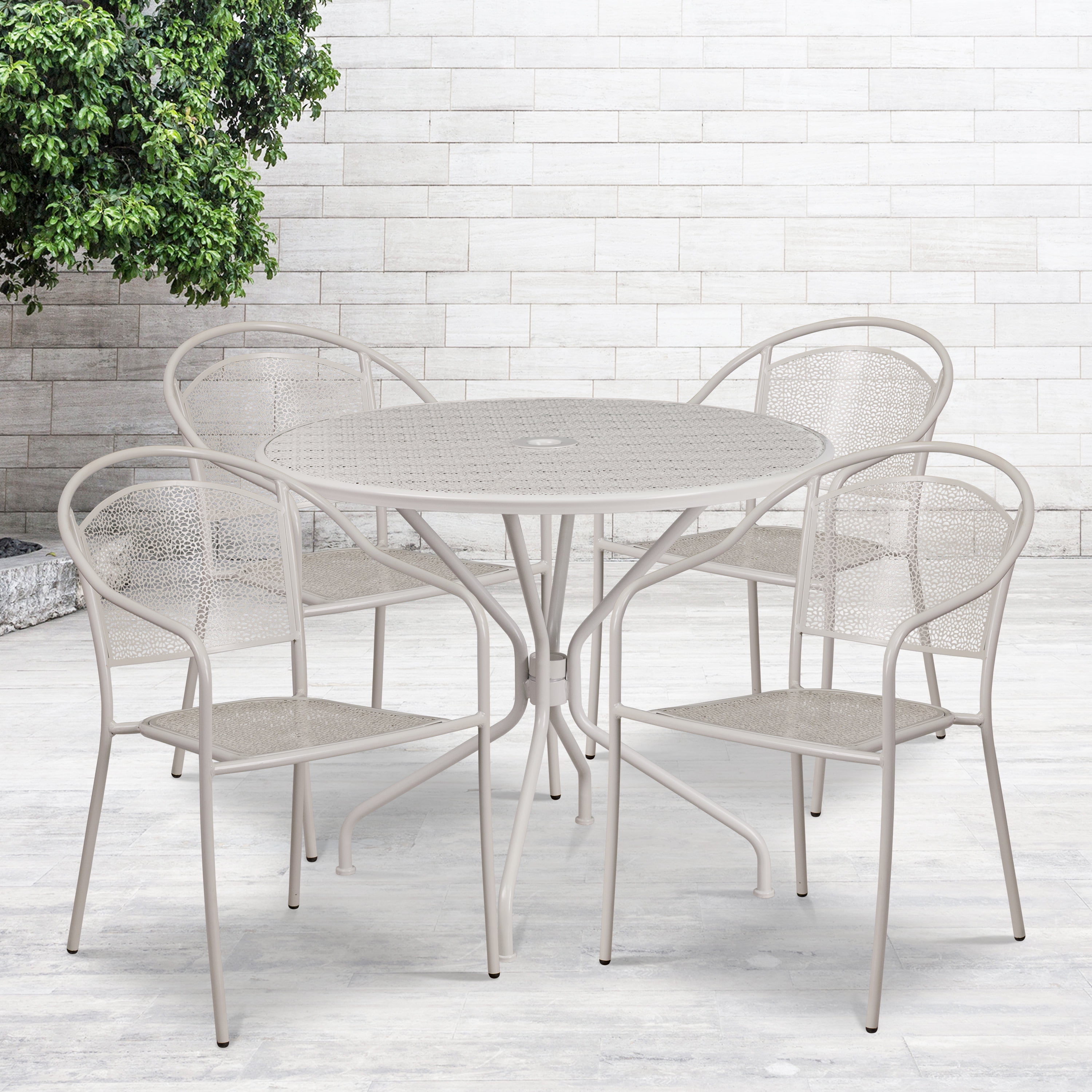 Flash Furniture Commercial Grade 35.25" Round Light Gray Indoor-Outdoor Steel Patio Table Set with 4 Round Back Chairs