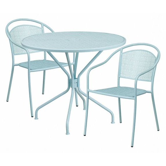 Flash Furniture Commercial Grade 35.25" Round Sky Blue Indoor-Outdoor Steel Patio Table Set with 2 Round Back Chairs