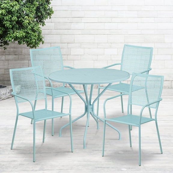 Flash Furniture Commercial Grade 35.25" Round Sky Blue Indoor-Outdoor Steel Patio Table Set with 4 Square Back Chairs