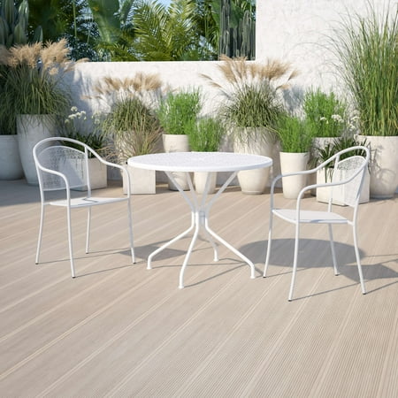 Flash Furniture Commercial Grade 35.25" Round White Indoor-Outdoor Steel Patio Table with Umbrella Hole