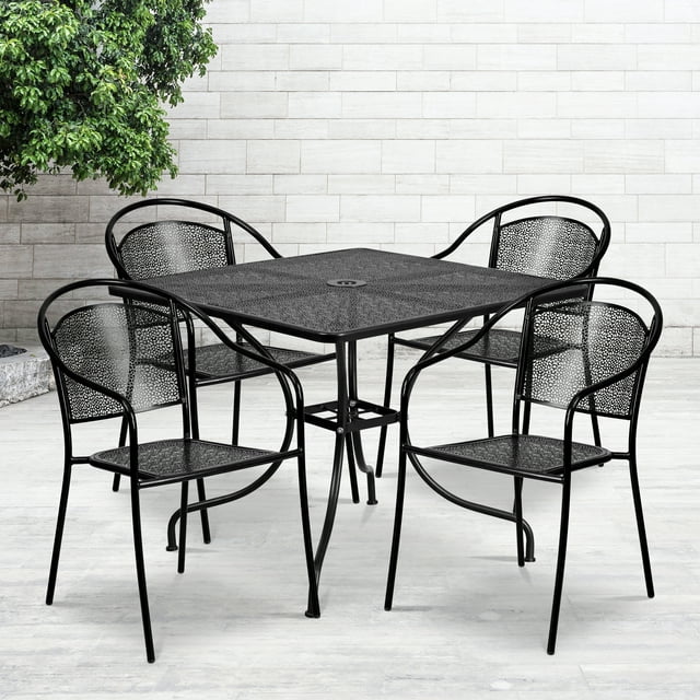 Flash Furniture Commercial Grade 35.5" Square Black Indoor-Outdoor Steel Patio Table Set with 4 Round Back Chairs