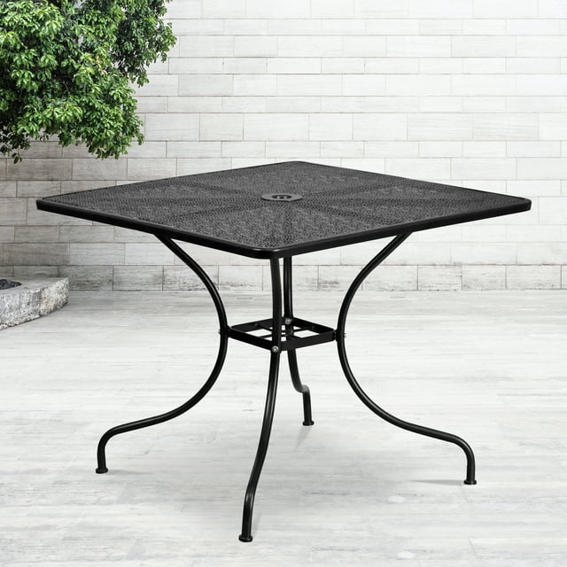 Flash Furniture Commercial Grade 35.5" Square Black Indoor-Outdoor Steel Patio Table with Umbrella Hole