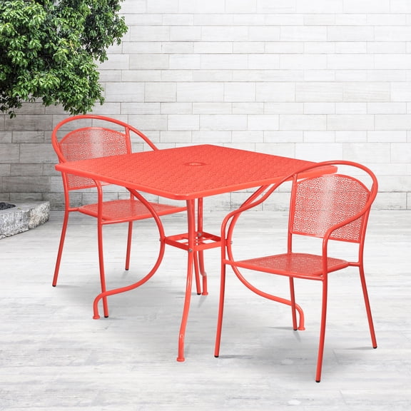 Flash Furniture Commercial Grade 35.5" Square Coral Indoor-Outdoor Steel Patio Table Set with 2 Round Back Chairs