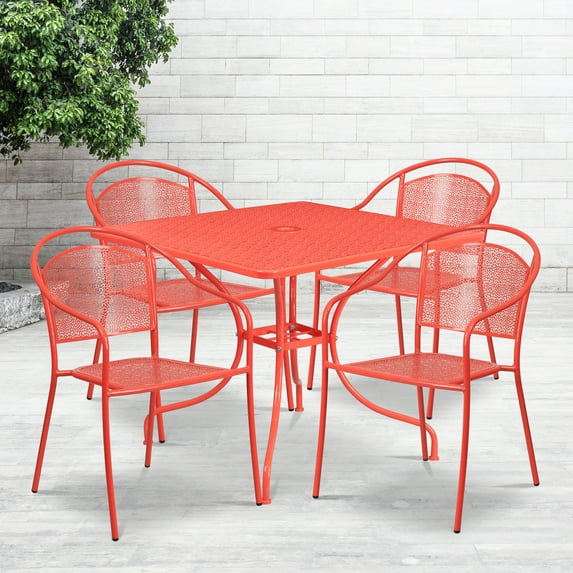 Flash Furniture Commercial Grade 35.5" Square Coral Indoor-Outdoor Steel Patio Table Set with 4 Round Back Chairs