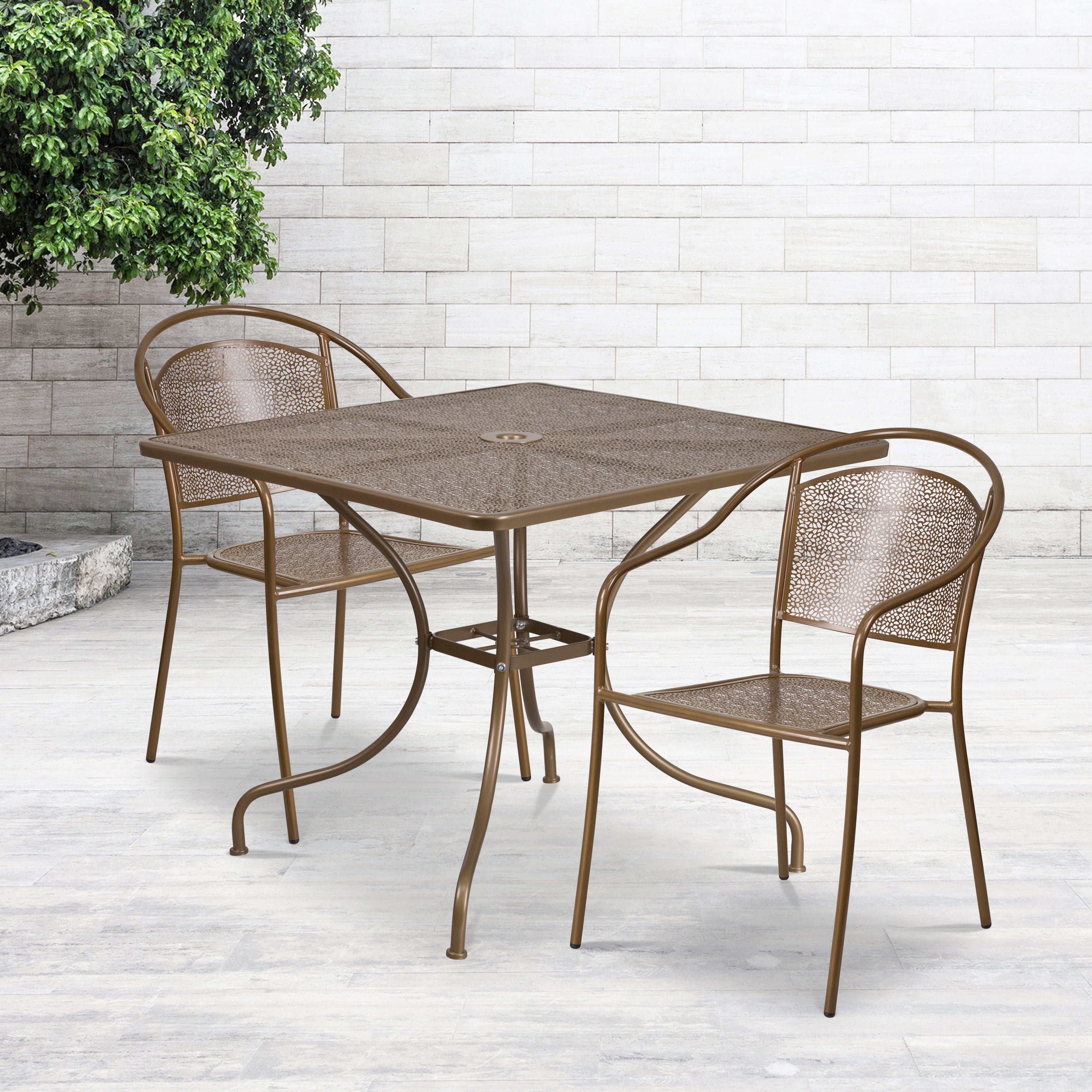 Gold Steel Square Patio Table Set with 2 Stacking Chairs
