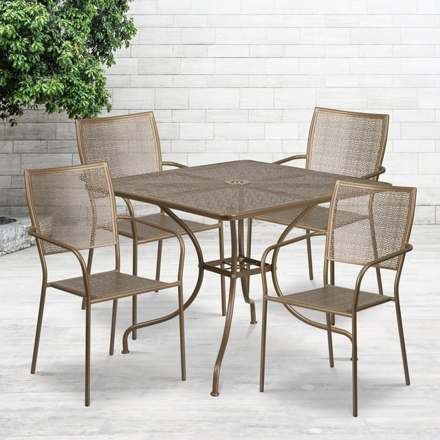Flash Furniture Commercial Grade 35.5" Square Gold Indoor-Outdoor Steel Patio Table Set with 4 Square Back Chairs