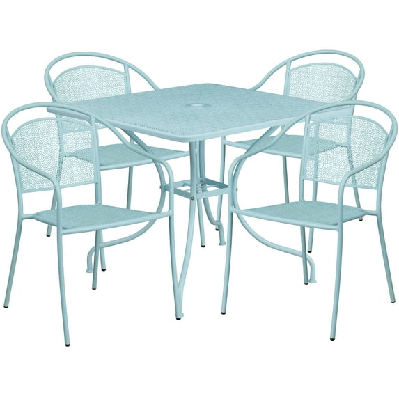 Flash Furniture Commercial Grade 35.5" Square Sky Blue Indoor-Outdoor Steel Patio Table Set with 4 Round Back Chairs